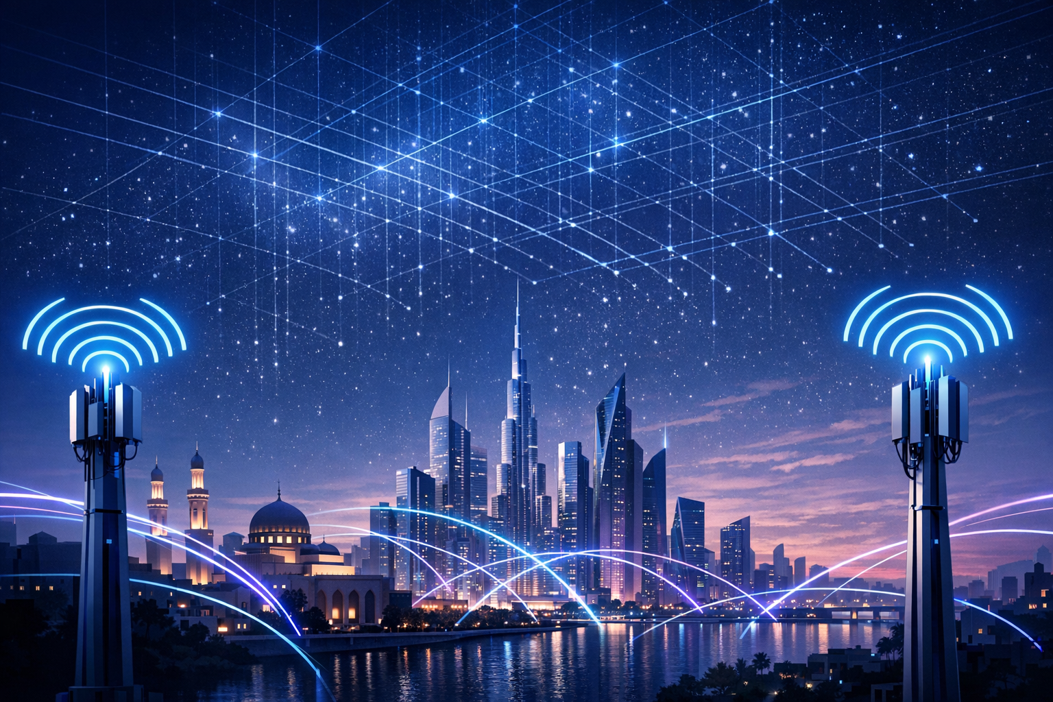 5G Network Technology in Qatar - Futuristic cityscape with network towers and signal waves